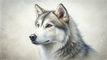 Obraz premium With gentle pencil strokes, a serene grey and white husky takes shape, its fur captured in soft, subtle