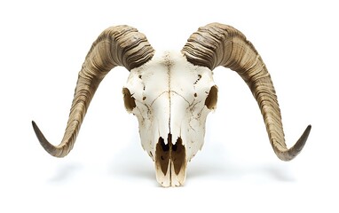 Obraz premium Mysterious Mountain Goat Skull with Sharp Horns on White Background