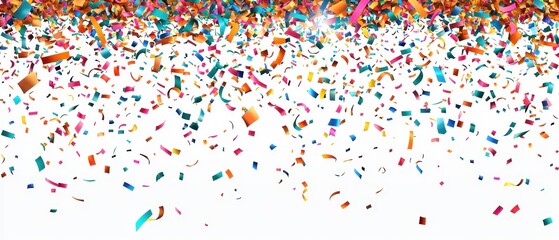 Fototapeta premium Colorful confetti falling against a clean white background, perfect for celebration themes and party decorations.