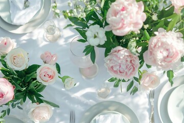 Outdoor table setting with white tablecloth, pink peonies, white flowers, fork, knife on plate. Elegant tablescape decoration in blue sky background. Perfect for festive banquet or special occasion.