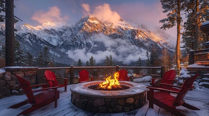 Cozy fire pit with red chairs on a snowy wooden deck overlooking a mountain range at sunset.