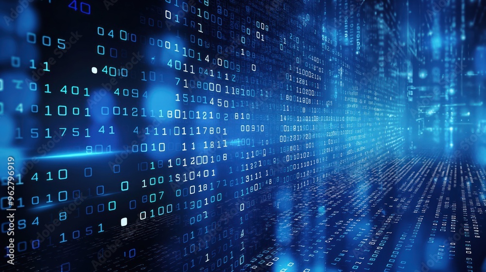 Fototapete digital blue background with geometric shapes and numbers. cyber space design concept as copy space 