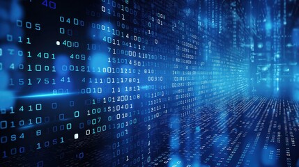 Digital blue background with geometric shapes and numbers. Cyber space design concept as copy space for text overlay. Dark cyan hues and electronic elements create futuristic atmosphere.