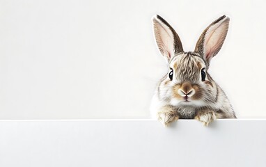 Obraz premium Adorable Fluffy Bunny Peeking from White Table on Clear Background