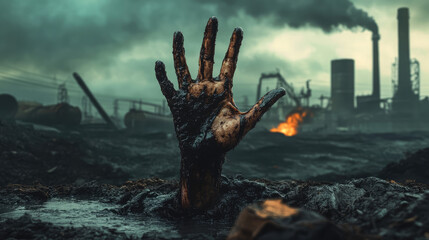 A zombie hand, dripping with black sludge, breaks through the surface of an oil spill, skeletal fingers clawing upwar.