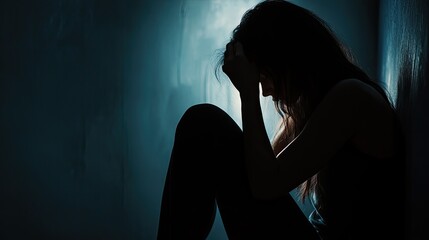 Depressed woman sitting alone in a dark room 