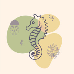 Silhouette of a seahorse. The silhouette captures the distinctive profile of the seahorse. Seafood shop emblem. Restaurant menu, fish market banner, poster design template. Fresh seafood product.