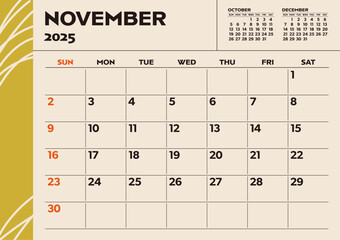 Simple desktop calendar for 2025: November, with writing space