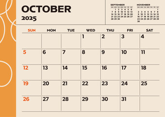 Simple desktop calendar for 2025: October, with writing space