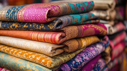 Close-up of stacked fabrics in an Indian market, featuring a mix of colorful textiles and patterns