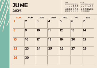 Simple desktop calendar for 2025: June, with writing space
