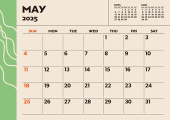 Simple desktop calendar for 2025: May, with writing space