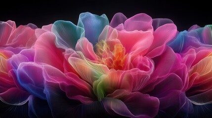 Obraz premium Digital abstract art depicting a flower with radiant petals in a multi-colored gradient, evoking a soft, dreamy, and otherworldly atmosphere.