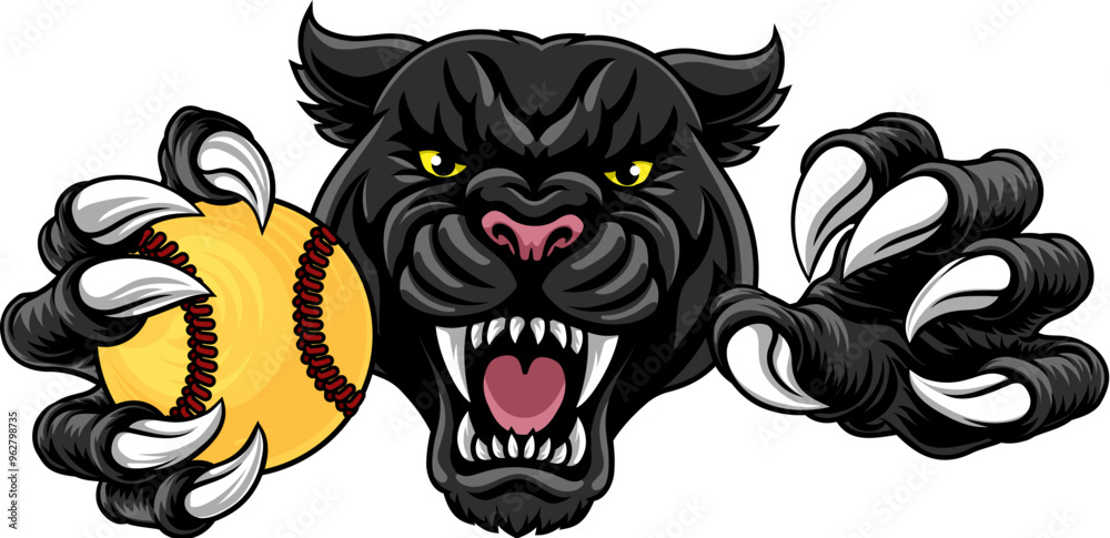 Wall mural black panther leopard or jaguar cat softball sports team mascot holding a ball