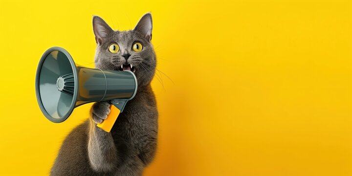 Grey cat holds megaphone against vibrant yellow background. Fun energetic image for announcements promotions. Playful quirky expression bright colours.