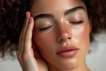 Fototapeta premium High-quality photo of skincare and cosmetics concept with copy space for text. Natural beauty woman woman with radiant, glowing skin closes her eyes and gently touches her face with her hand, ai