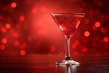 Martini glass with cocktail on red background with bokeh. Summer popular drink. Minimalism. Copy space.	