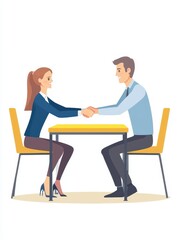 A man and a woman shake hands at a table