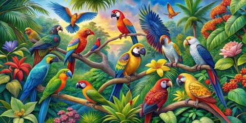 Obraz premium A Colorful Flock of Parrots Amongst Lush Tropical Foliage, Digital Painting, Bird Paradise, Parrot Illustration, Tropical Birds, Jungle Birds, Parrot Artwork