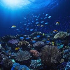 Obraz premium World Oceans day banner. World Ocean day wallpaper with blue ocean, fish and lettering. Ai generated