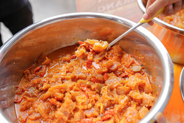 Beef skin Krecek Sambal in a stainless steel pan