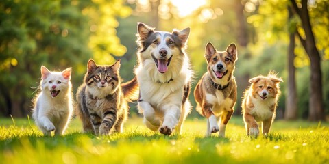 Obraz premium A Happy Pack of Dogs and Cats Running in a Sunlit Field, Dog, Cat, Playful
