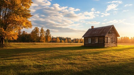 Obraz premium A serene autumn harvest landscape showcasing golden ripe fields and a sunlit cabin under a bright sky, evoking a peaceful rural scene. 