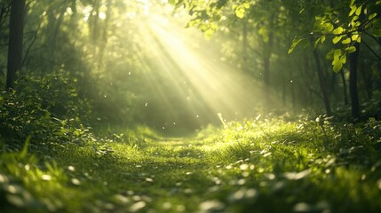 Radiant Sunbeams Filter Through Lush Green Trees in a Serene Forest Setting of Quiet Beauty