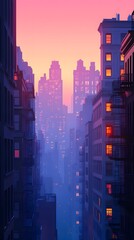 Obraz premium Cityscape Illustration - Sunset in a City Skyline with Buildings and Windows