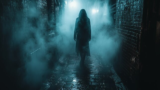 A mysterious figure walks down a foggy, brick alleyway at night, their face obscured by darkness.