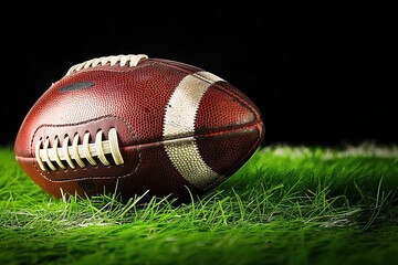 Obraz premium Close-up of American football on green grass with black background. Oval ball with brown leather texture. People in sight, empty field, athletic equipment, outdoor sports, recreation, game day,