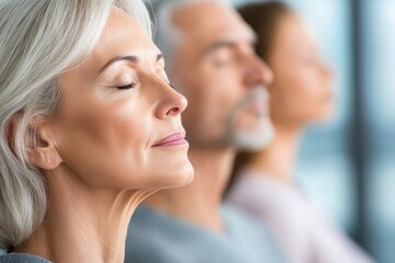 Fototapeta premium Serene mature woman practicing mindfulness meditation in group