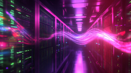 Fototapeta premium High-Speed Data Transfer in a Modern Data Center with Vibrant Pink and Purple Light Streaks Symbolizing Digital Information Flow and Advanced Connectivity”