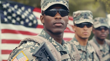 Fototapeta premium Proud US Army Soldiers Standing with American Flag