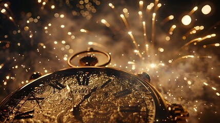 New Year's Eve. Clock on bokeh background with copy space