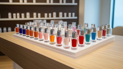Colorful nail polish bottles lined up on salon display