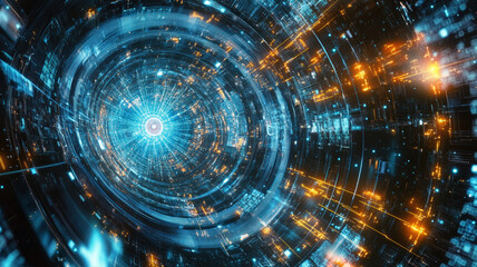 Obraz premium Futuristic Digital Tunnel with Blue and Orange Light Effects, Creating a Sense of Depth, Speed, and Data Flow