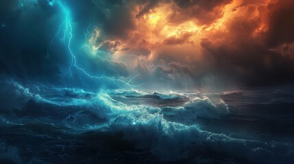 Fototapeta premium Lightning cuts through the abstract night sky. Dark clouds churn, signaling the storm's presence.