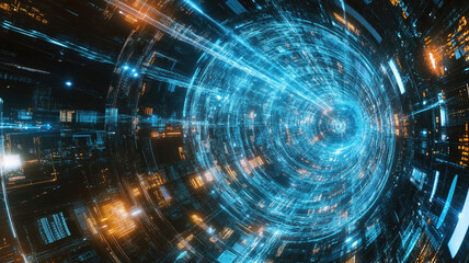 Fototapeta premium Futuristic Digital Tunnel with Blue and Orange Light Effects, Creating a Sense of Depth, Speed, and Data Flow