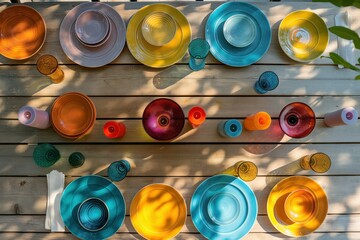 Outdoor dining table setup on wooden deck with green tree background. Vibrant plates, bowls create colorful mosaic. Glassware includes wine glasses, cups. Perfect for festive banquet party decoration.