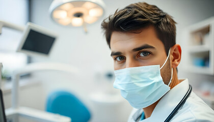 A Caucasian male dentist wearing a blue medical mask and scrubs, looking directly at the camera in a dental office setting