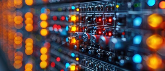 A computer server with many buttons and lights on it