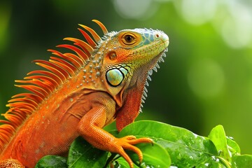 Obraz premium Vibrant orange iguana resting on lush green leaves