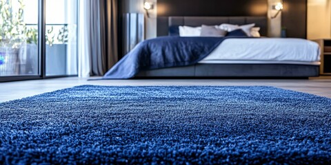 Blue shag carpet in front of a bed.