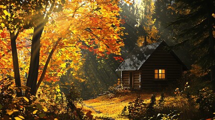 A serene autumnal forest landscape featuring vibrant, colorful foliage and a cozy sunlit cabin, basking in the warm glow of sunlight. 