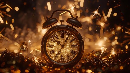 New Year's Eve. Clock on bokeh background with copy space