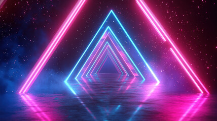 Neon Triangle Tunnel with Reflective Floor, Pink and Blue LED Lights Creating Futuristic Geometric Corridor, Abstract Sci-Fi Background with Vibrant Light Effects