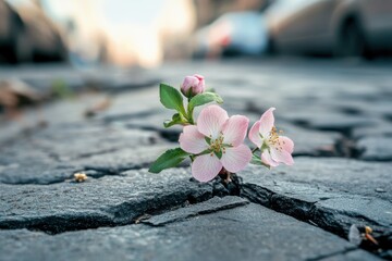 Delicate urban scenery of tiny flowers breaking through cracked pavement, close-up perspective, gentle tones symbolizing resilience, hope, and nature's endurance amidst difficult circumstances