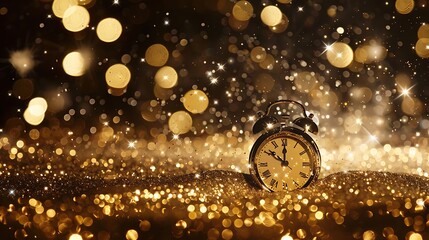 New Year's Eve. Clock on bokeh background with copy space