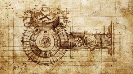 Abstract technical mechanism outline, drawn on old paper.